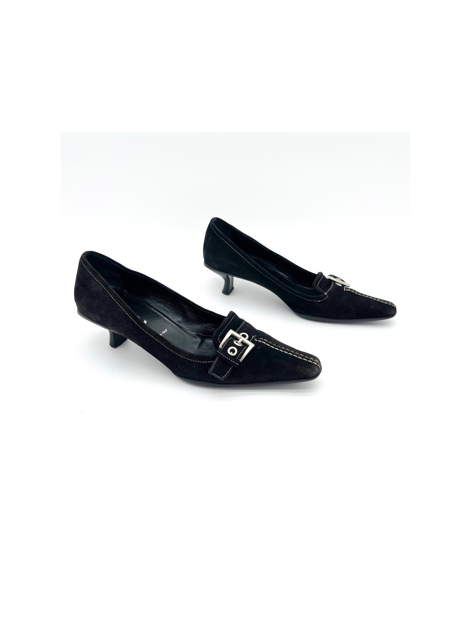 Prada Black Suede Buckle Detail Retro Pointed Toe Kitten Heel Pumps It 37.5